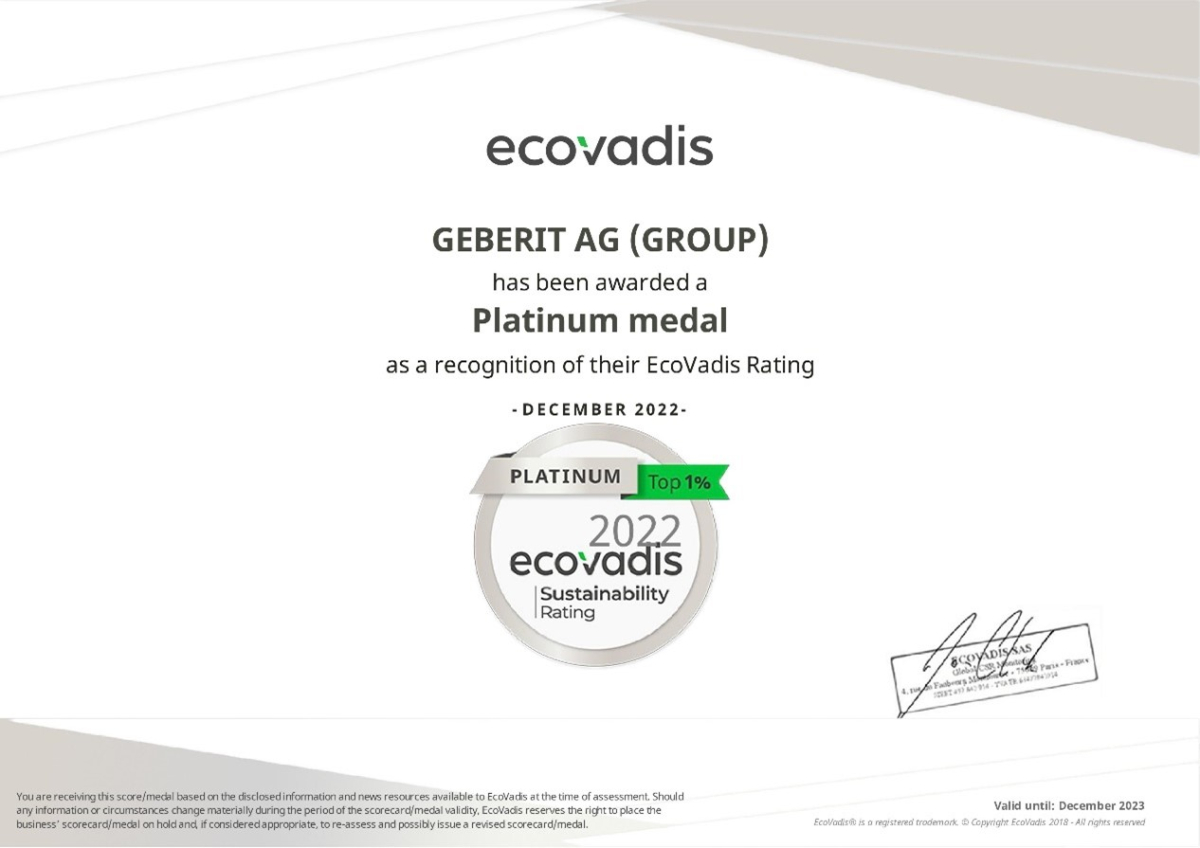 EcoVadis_2022 Geberit treći put zaredom nagrađen platinastom medaljom platforme Ecovadis